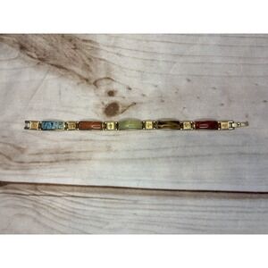 Vintage Chinese Symbol Bracelet Gold Tone Mixed Stone Feng Shui 7.5"